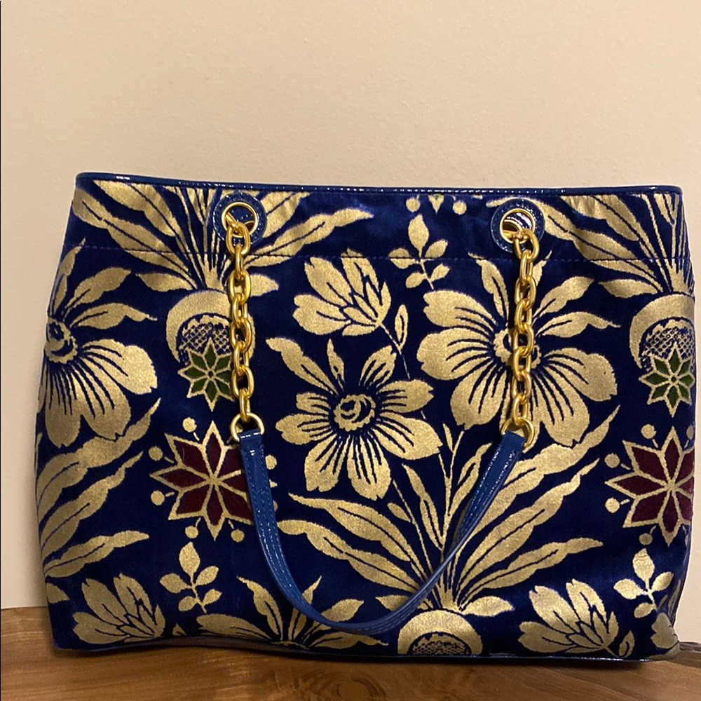Tory Burch Blue Velvet Floral Fleming Tote